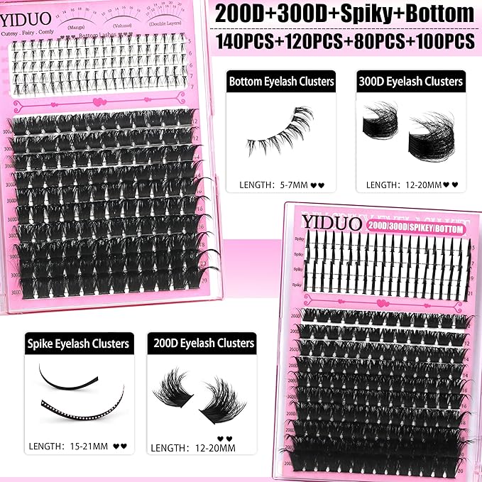 YIDUO 960Pcs Lashes Clusters Kit 80D+100D+200D+300D+Spikes+Bottom Thick Clusters Lash Extensions Kit with 2 Bond and Seal 10-20mm Wispy 3D Volume Individual Eyelash Cluster Kit DIY at Home Easily