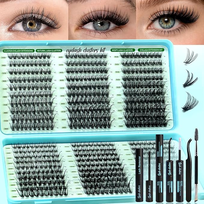 Wispy Lash Clusters Kit, D Curl Lashes Clusters Natural Look 9-16mm Individual Super Thin Band DIY Cluster Eyelash Extensions Kit with Bond Seal Tweezers Brush Remover (30D 40D 50D Mix)