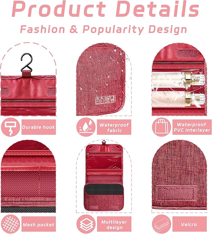 Toiletry Bag Travel Bag with Hanging Hook, Waterproof Capacity Hanging Multifunctional Makeup Bag for Toiletries, Portable Cosmetic Bag Travel Organizer for Women and Men (Red)