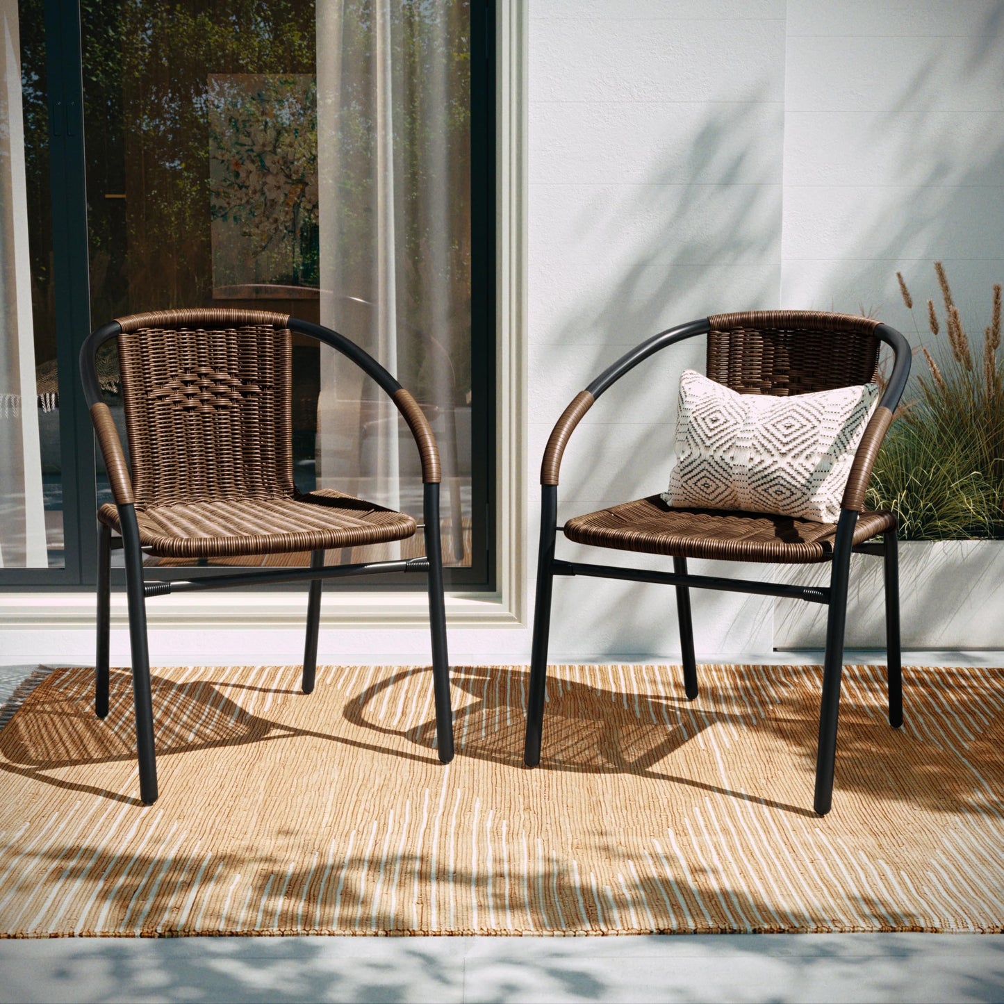 EMMA + OLIVER Set of 2 Modern Rattan Indoor/Outdoor Stack Chairs, Stacking Rattan Patio Chairs with Curved Back and Cross Bracing, Brown