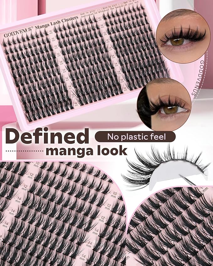 Goddvenus Manga Lash Clusters Natural Wispy 300 Pcs Fairy Eyelash Clusters 10-16mm Fluffy Cluster Eyelash Extensions Anime Cosplay No Plastic Feel Individual Lash Extension CC Curve