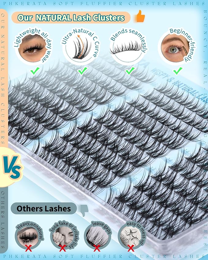 PHKERATA Manga Lash Clusters 12-14-16mm Wispy Natural Cluster Eyelash Extensions, 162Pcs Spiky Lashes Clusters C Curl Individual Lashes for DIY Eye Makeup