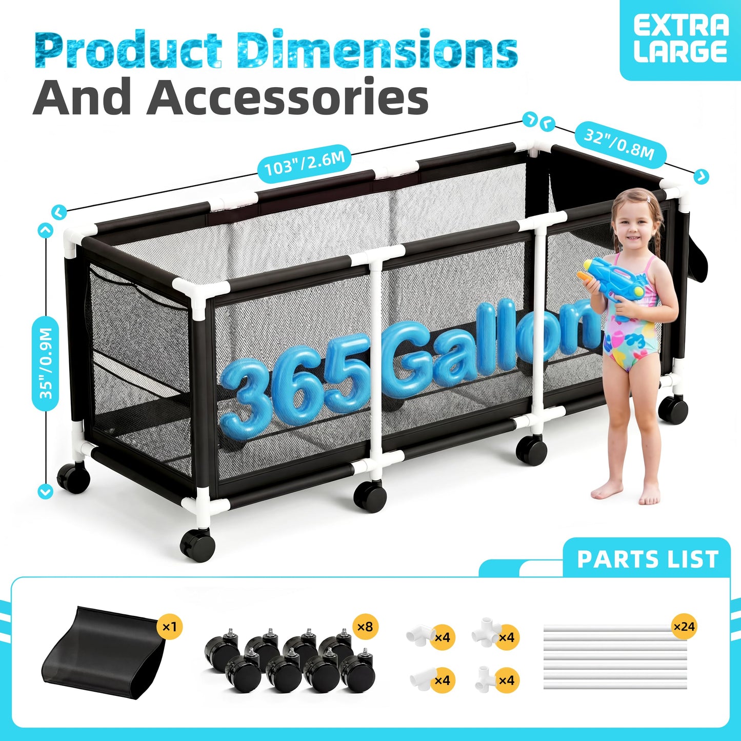 Jotesnew 365 Gallon 103" Pool Storage Bin XXXL Extra Large Swimming Pool Float Storage Bin, Pool Noodles Holder, Toys, Floats and Balls Mesh Rolling Storage Organizer Bin, 103" Lx32 Wx35 H (Black)