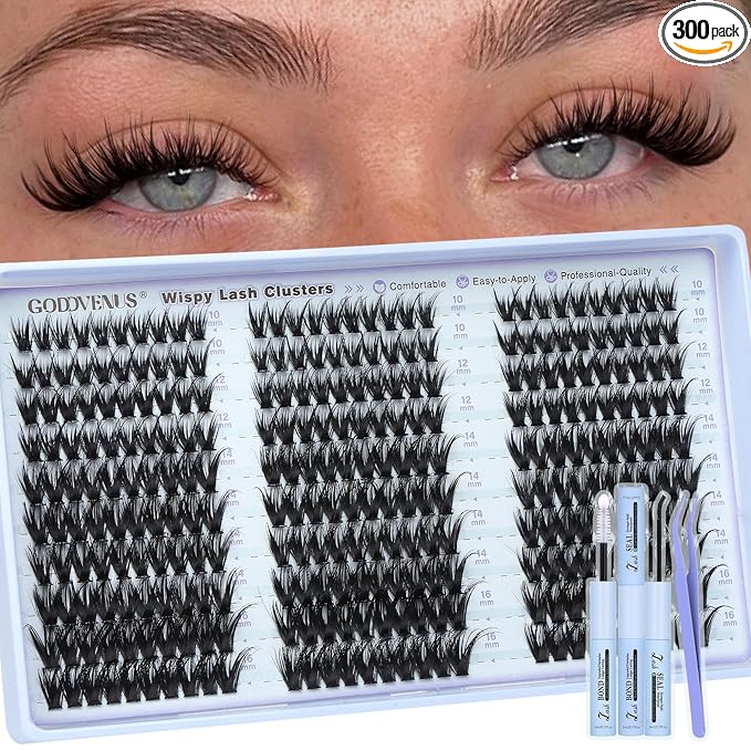 Goddvenus Wispy Lash Clusters Kit Natural Fairy Wet Eyelash Clusters Kit 300 Pcs Cluster Eyelash Extensions Kit for DIY Reusable Waterproof Individual Lash Extension (10-16mm CC Curl)