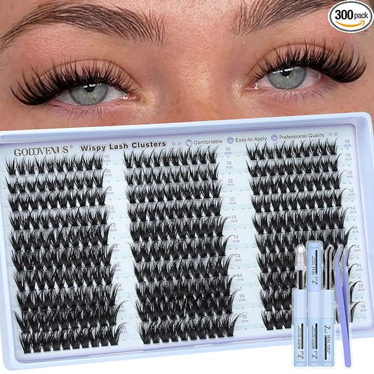 Goddvenus Wispy Lash Clusters Kit Natural Fairy Wet Eyelash Clusters Kit 300 Pcs Cluster Eyelash Extensions Kit for DIY Reusable Waterproof Individual Lash Extension (10-16mm CC Curl)