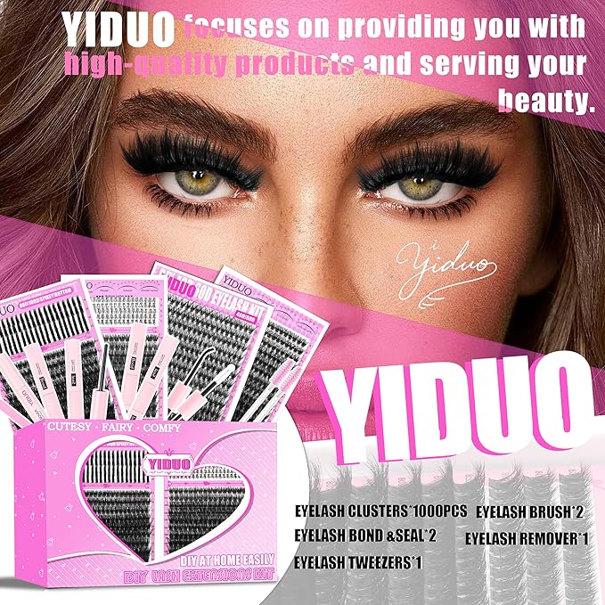 YIDUO 4 Styles Lash Clusters Kit 40D/60D/80D/100D+Spikes+Bottom Eyelash Clusters Extensions with 2X Bond and Seal, 1000Pcs 3D Volume Lashes Clusters 8-18mm Wispy D Curly Clusters Lash Extensions Kit