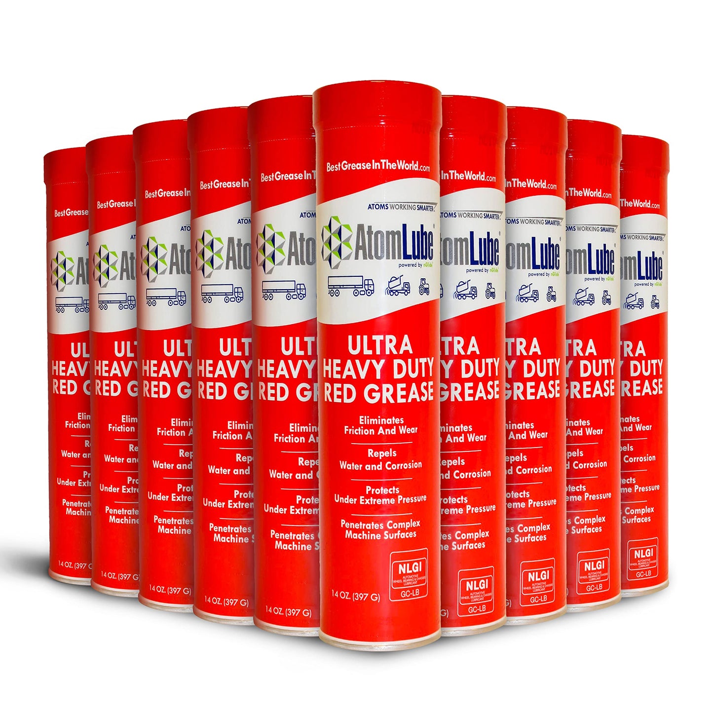 AtomLube Ultra Heavy Duty Red Grease, 10-Pack of 14 Oz. | Waterproof & High Temp Lubricant for Metal Surfaces | Wheel Bearing Grease for Semi Truck Accessories