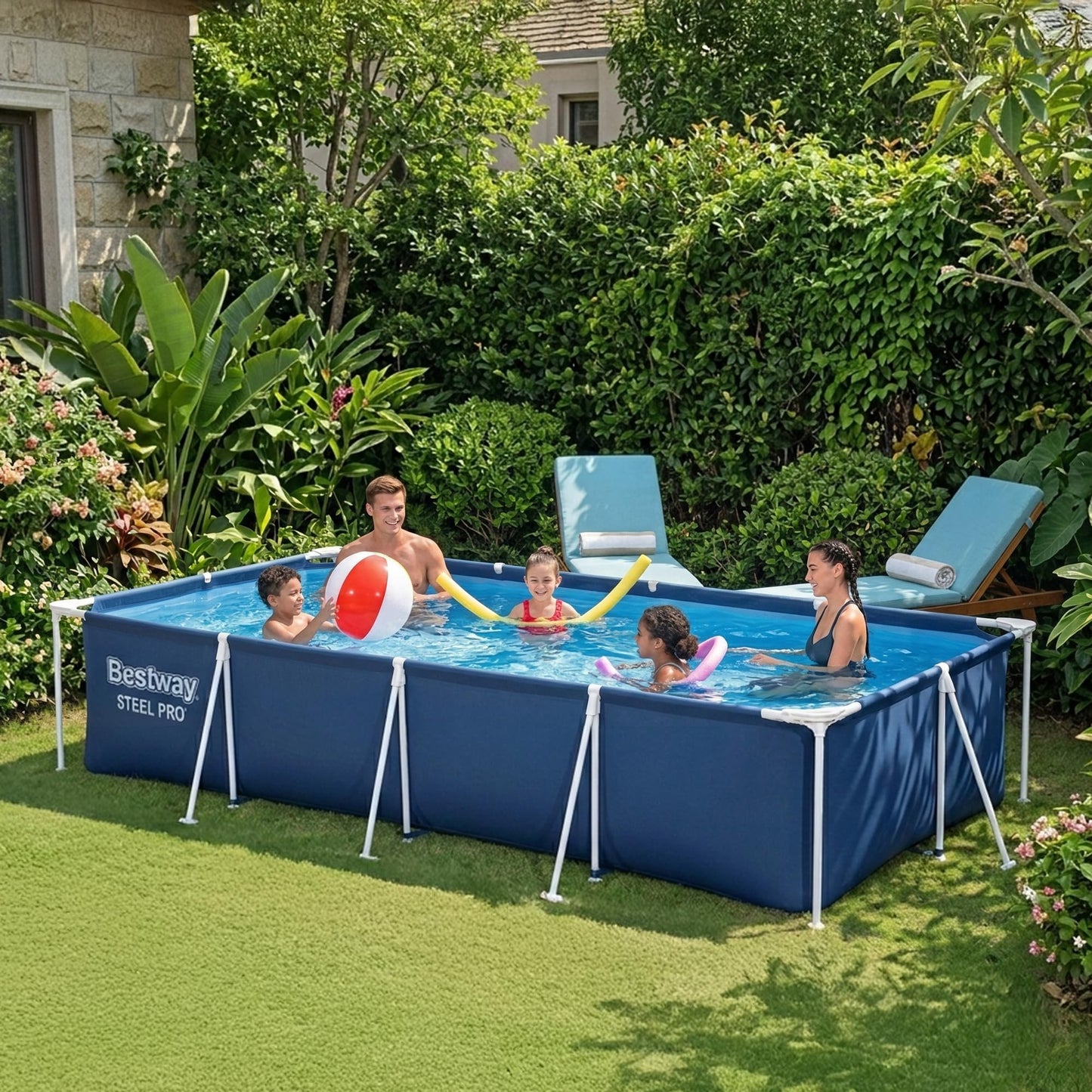Bestway Steel Pro 13 Foot x 32 Inch Rectangular Above Ground Outdoor Pool Steel Framed Vinyl Swimming Pool with 1,506 Gallon Water Capacity, Blue
