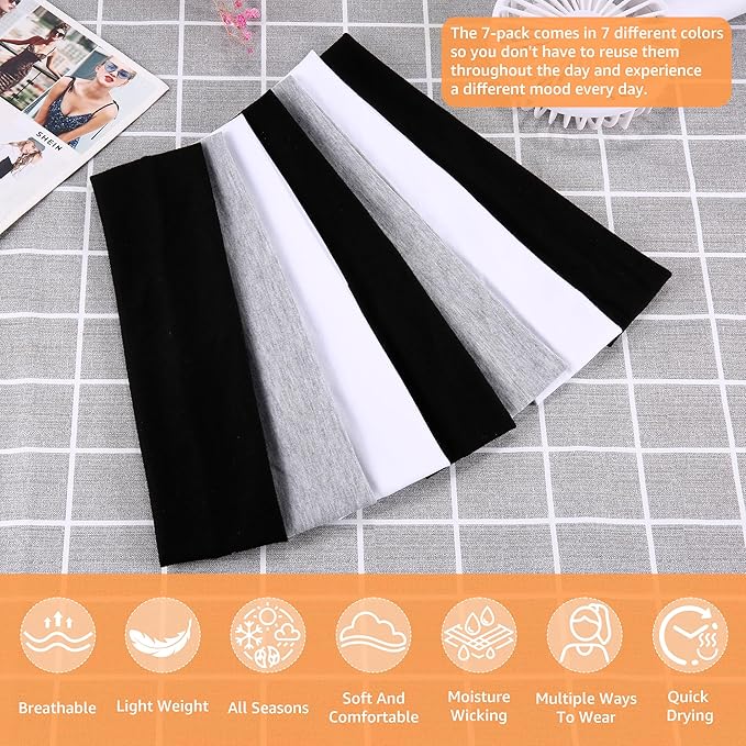 DiyJibb Headbands for Women, Stretchy Non Slip Soft Cotton Cloth Hair Bands for Sports, Workout, Yoga and Running, 7pcs