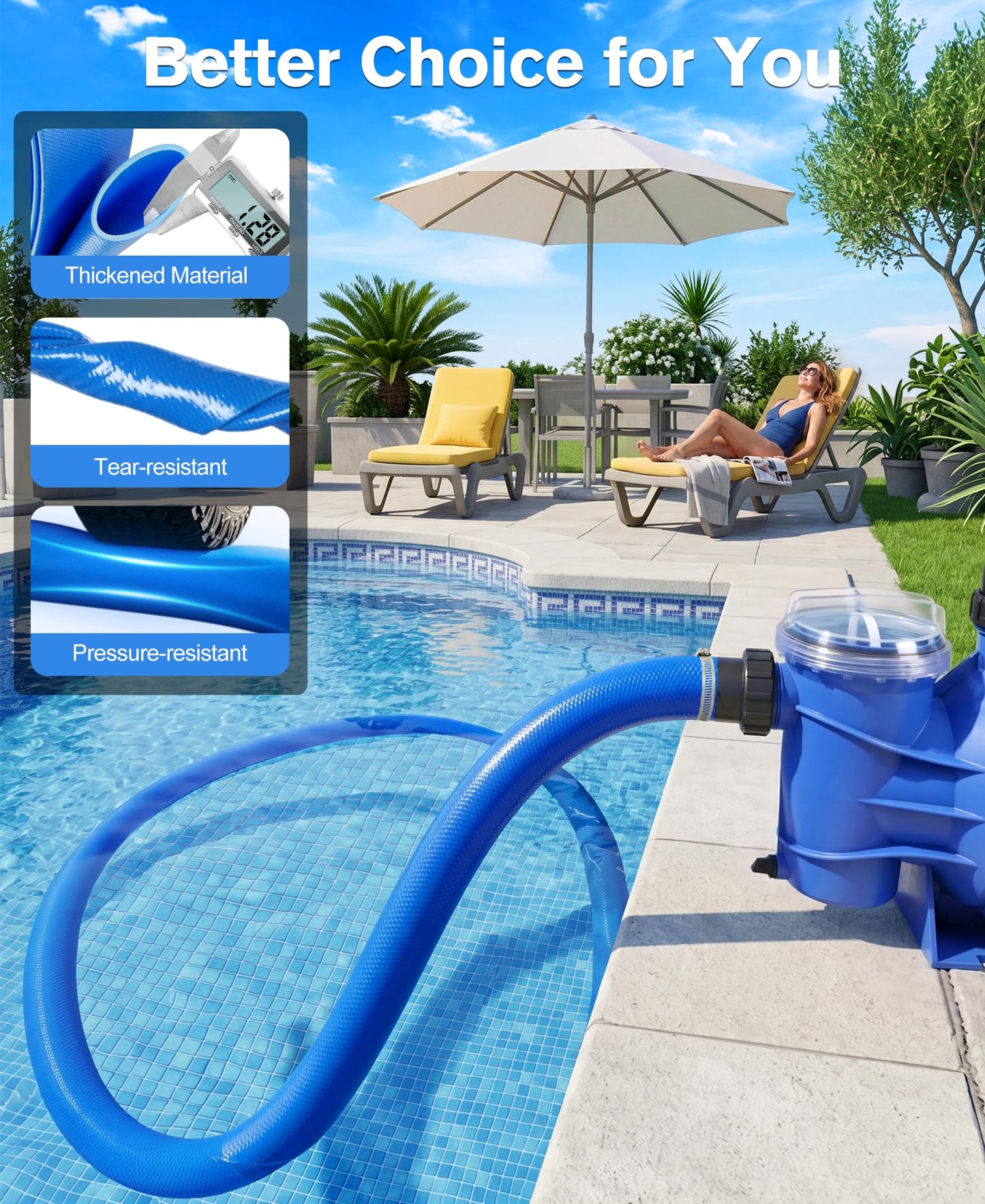 LuxBlue 2" X 65ft Pool Backwash Hose | Heavy-Duty Reinforced PVC Pool Drain Hose, UV & Burst Resistant | Flexible Lay Flat Discharge Hoses for Water Transfer, Sump Pump Drainage, with 3 Clamps