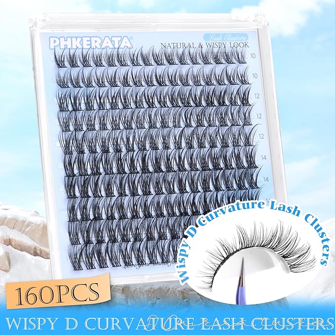 PHKERATA Natural Lash Clusters Wispy Eyelash Clusters 160 pcs Individual Lashes D Curvature Wispy 10-16 mm Cluster Eyelash Extensions DIY Eyelash Extension with Thin Lash Band