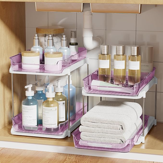 Delamu 2-Tier Multi-Purpose Bathroom Under Sink Organizers and Storage, Stackable Kitchen Pantry Organization, Pull Out Medicine Cabinet Organizer with Movable Dividers, Purple, 2 Pack