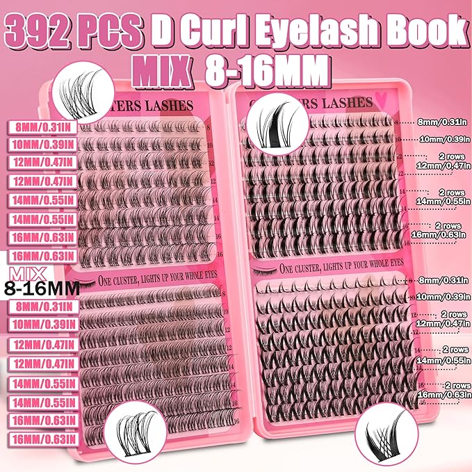 Wispy Lash Clusters Kit Natural Lashes Clusters Fairy Manga Lash Clusters Wet-Look Spiky Anime Lashes Pack 392 Pcs C/D Curl Individual Lashes Lash Bond and Seal Lash Tweezers