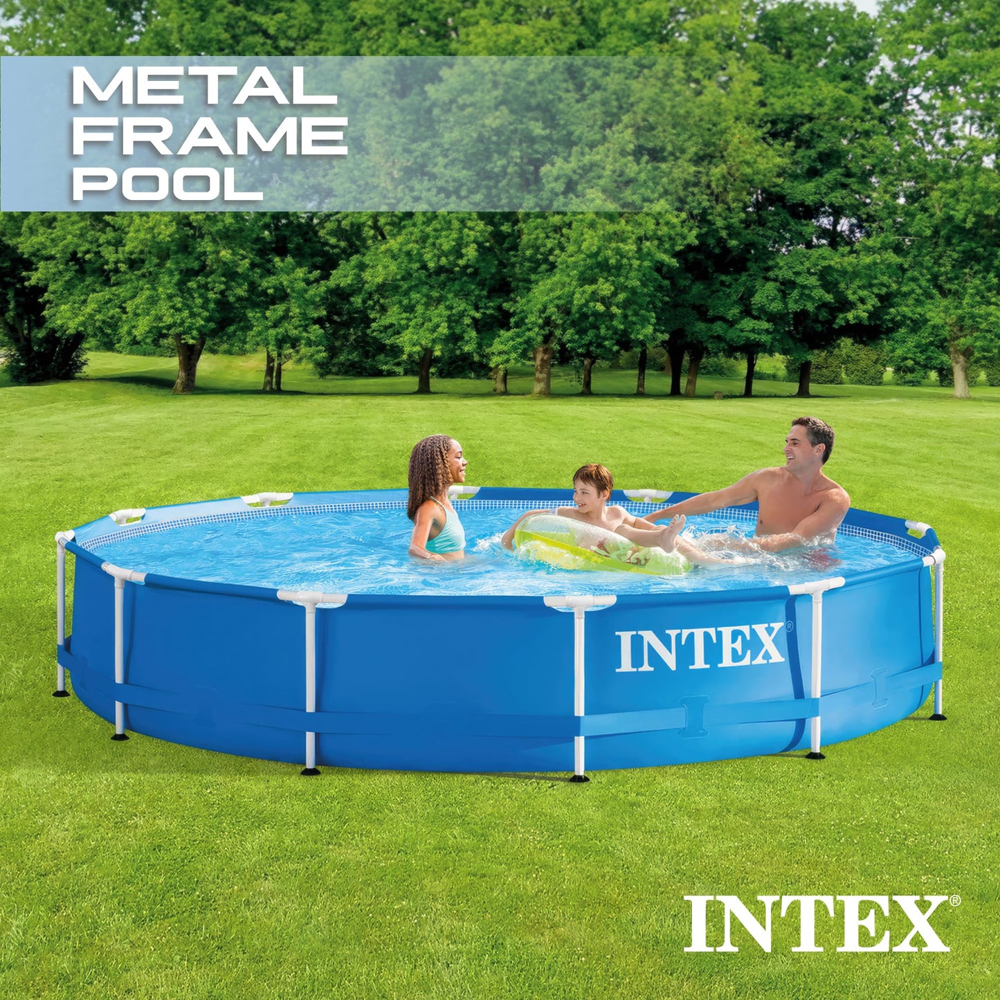 Intex Metal Frame 12 ft x 30 in Round Above Ground Outdoor Backyard Swimming Family Pool for Kids and Adults Ages 6 and Up, Blue