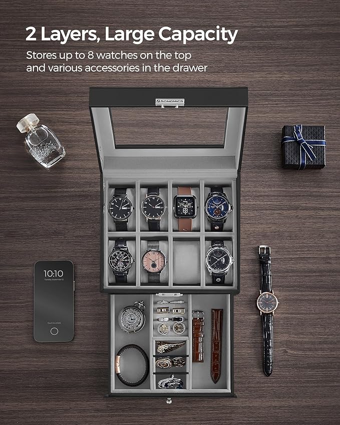 SONGMICS Watch Box, 8-Slot Watch Case Organizer with Large Glass Lid, 2 Layers, Removable Pillows, Metal Lock, Gift for Loved Ones, Black Synthetic Leather, Greenish Gray Lining UJWB080G01