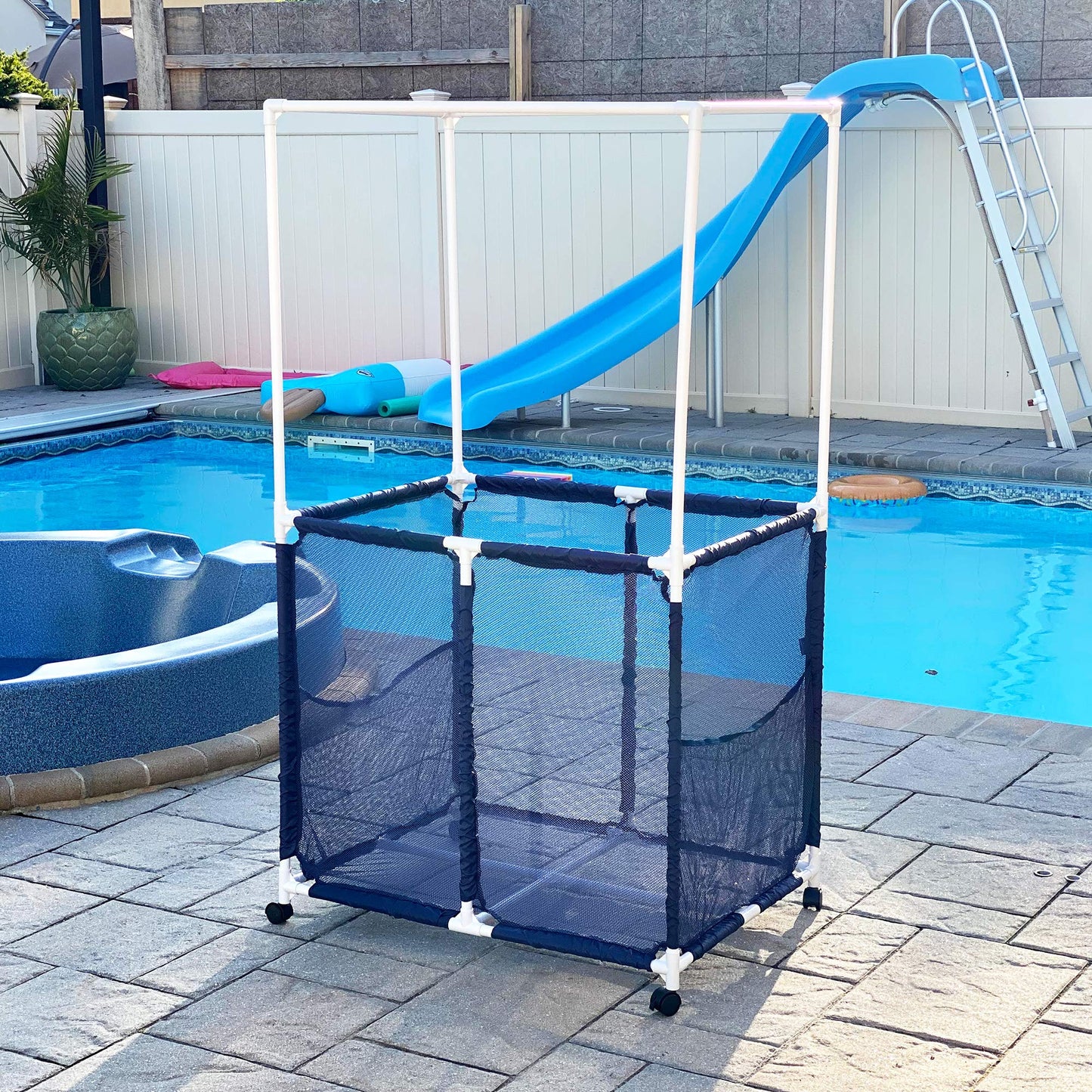Essentially Yours Pool Equipment Holder with Towel Drying Bars, Mesh Rolling Pool Storage Organizer Bin, Extra Large with Towel Hanger, (34.5" W x 25" L x 62.6" H), Blue/White Style 418566
