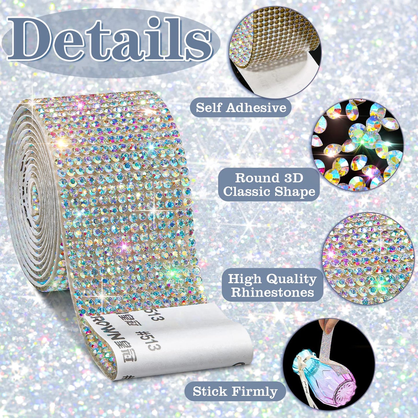 8 Rolls Rhinestone Ribbons,Cludoo 8 Yard Silver Self Adhesive Rhinestone Ribbon, Bling Crystal Diamond Ribbon Roll Wrap Glittering Rhinestones Sticker for Decoration Car DIY Arts Crafts Wedding