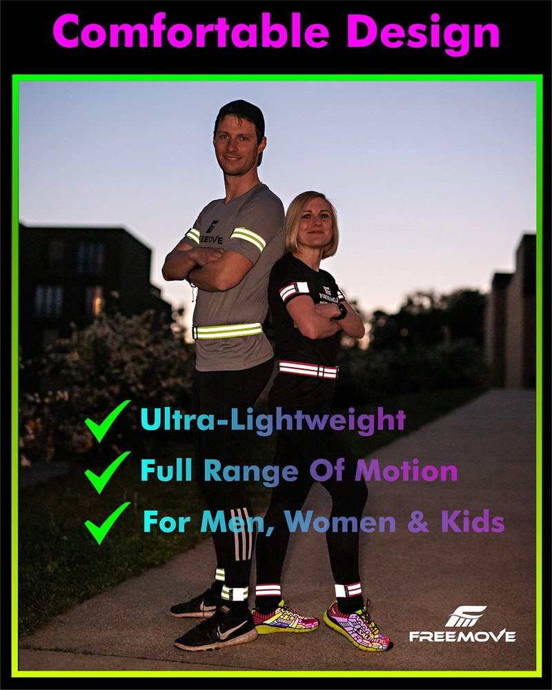 FREEMOVE Reflective Running Gear - a Pack with Adjustable Runners Waist Belt + 4 Arm/Wrist Bands for Men and Women - Stay Safe Day or Night When Dog Walking, Running, Cycling, Jogging, Biking, MTB