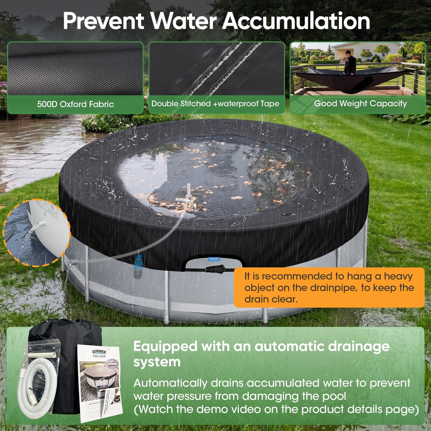 SIHAIAN 14 Ft Round Pool Cover, with Automatic Drain Pool Cover, Patented One-Piece Tensioning System Above Ground Pool Cover, Preventing Waterlogging, Yarn-Dyed Oxford Fabric Solar Pool Cover