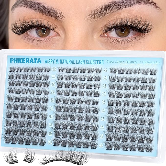 PHKERATA Wispy Lash Clusters Natural Eyelash Clusters 180Pcs Cluster Eyelash Extensions C Curled Cluster Lashes DIY Individual Lashes Soft Eye Lash Extension with Ultra-thin Band, 10-16MM