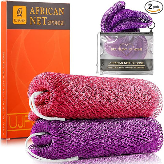 UJFQBH African Net Sponge Authentic 2-Pieces Exfoliating Body Scrubber for Shower & Bath, Deep Cleansing Lather for Dead Skin Removal, Back Scrubber for Women & Men (Pink 、Purple