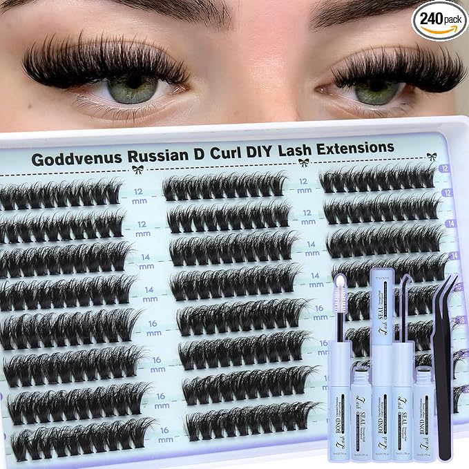 Goddvenus Lash Clusters Kit Wispy Lashes clusters Natural Fluffy Eyelashes Clusters 12mm 14mm 16mm Mixed Cluster Eyelash Extensions Kit D Curl DIY Individual Lashes Kit with Bond and Seal Lash Glue