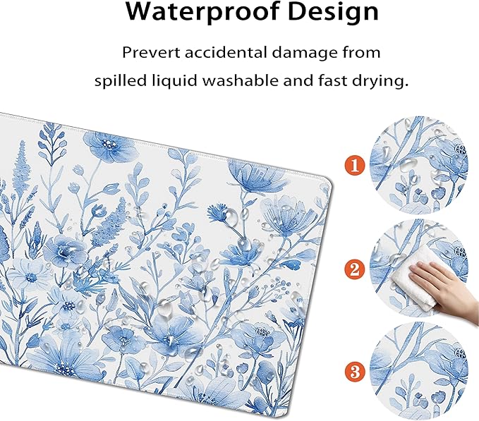 31.5?€?x11.8?€?Large Gaming Mouse Pad for Desk, Mouse Mat with Seamed Edges, Waterproof Desk Pad, Non-Slip Rubber Base, Keyboard Pad Computer Mat, Big XL Mousepad- Blue and White Flower