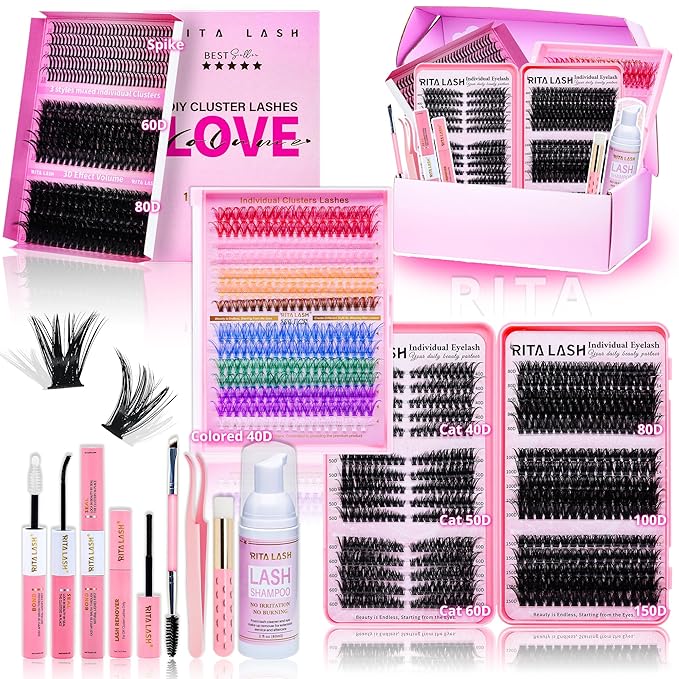 Lash Clusters Kit Bulk 3D Effect Eyelash Clusters Kit Cat Eye Lashes Cluster Eyelash Extensions Pack Colored Lashes Cluster PestaÃÂ±as Postizas Naturales+Bond&Seal,Remover,Tweezers,Cleanser(Lash Kit-7)