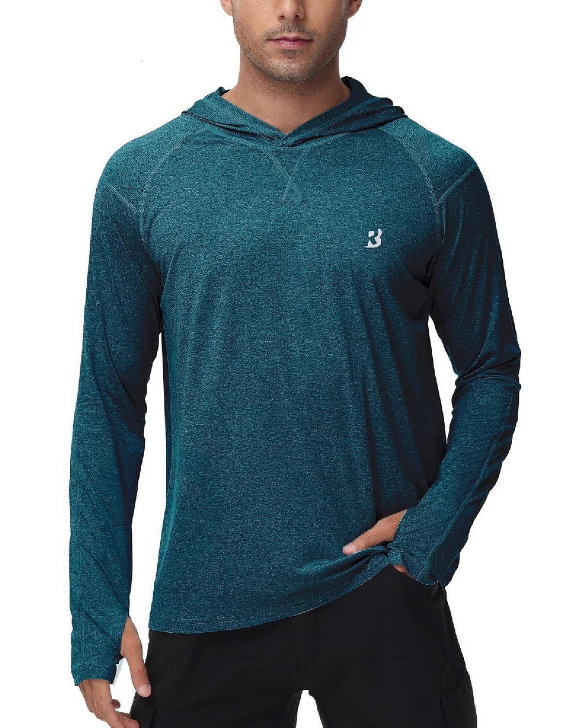 Mens UPF 50+ Fishing Swim Shirt - Long Sleeve Sun Shirts Rashguard Running Hiking Beach Workout Hooded Shirt with Thumbhole