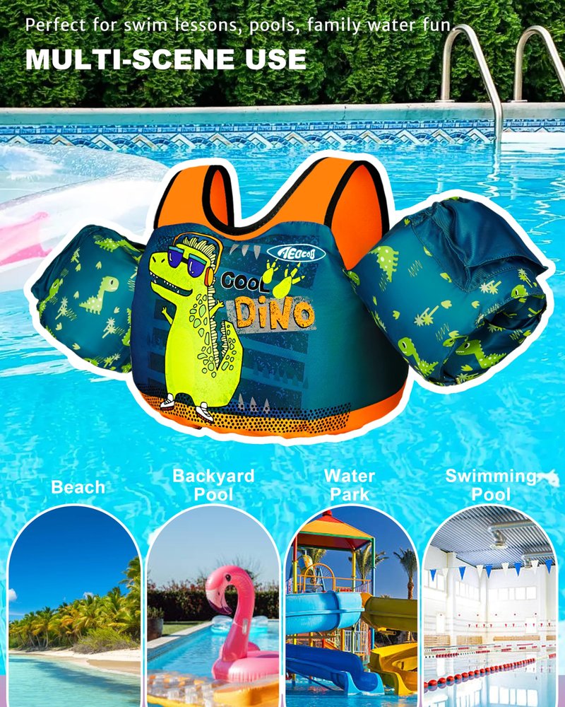 AEOCOO Puddle Float Jumper 20-30 Pounds, Toddler Swim Vest for 1-2-3 Years Old, Pool Floats with Swimming Arm Floaties Swim Jacket with Water Wings for Kids Swimmies, Boys, Girls, Niños, Cool-Dino