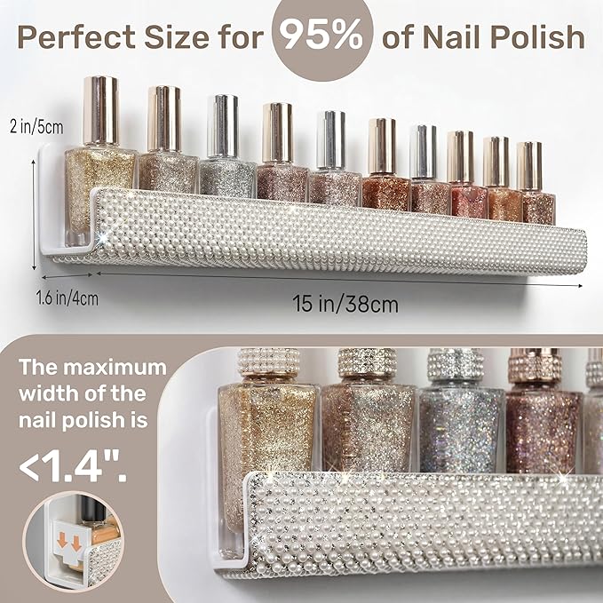 YMVV Nail Polish Wall Shelf - 15-Inch Pearls Diamond Crystal Display & Organizer Rack, Holds 60+ Polishes, Soft Ledge for Bedroom, Bathroom, Salon,6 Pack