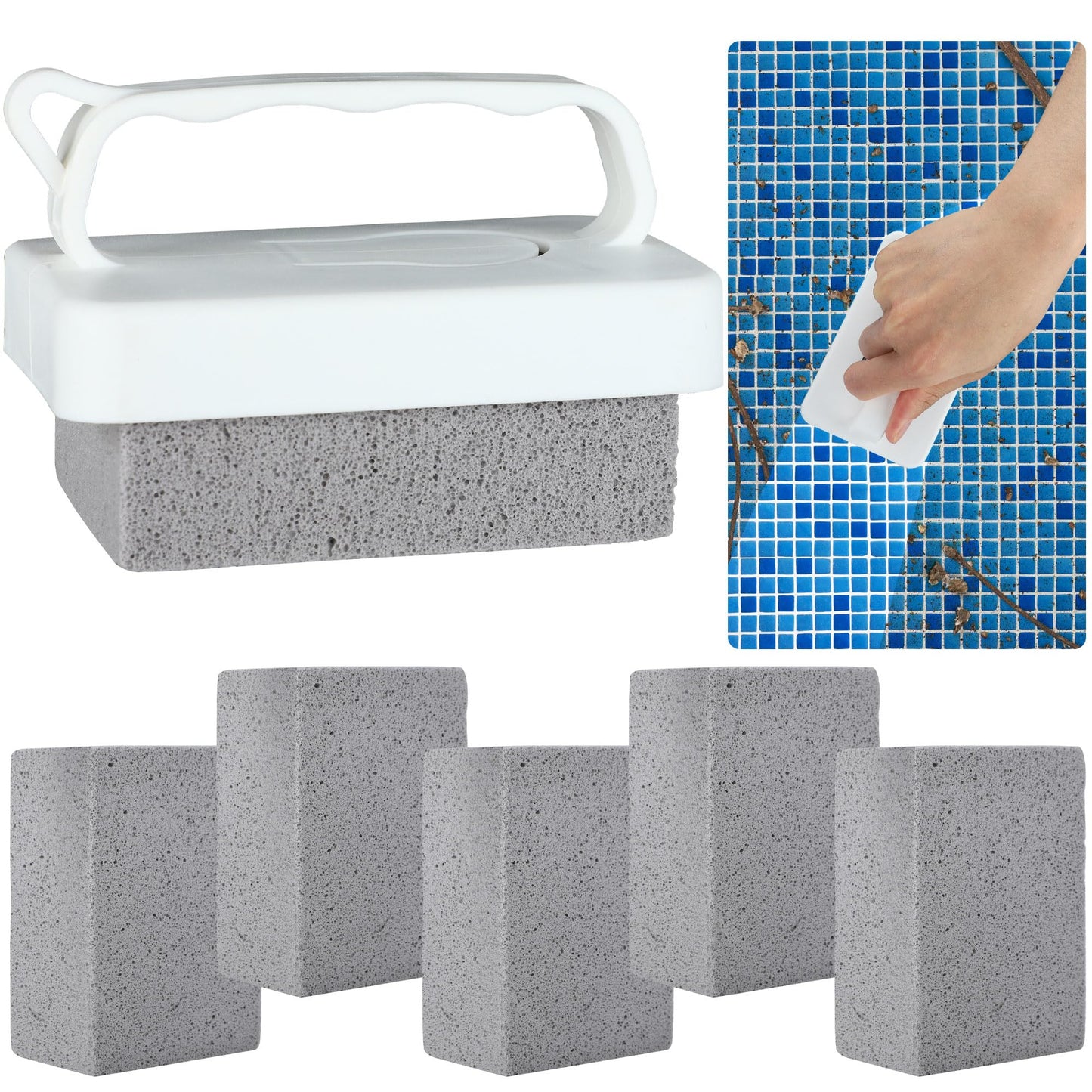 6 PCS Hand-Held Pool Pumice Stones Swimming Pumice Pool Tile Stone Replacement Pools Cleaning Block with Handle for Spa Tile Grout Concrete Cleaning