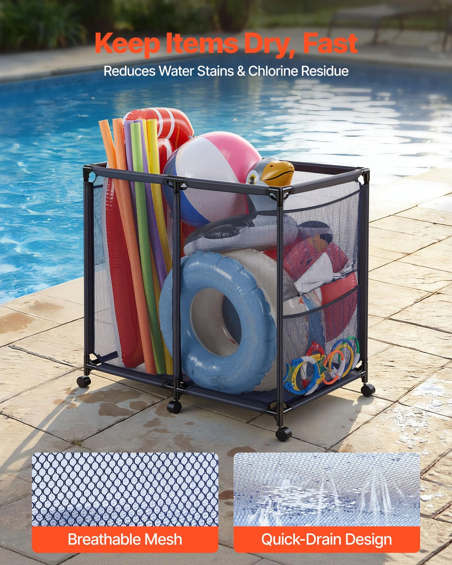 VEVOR Pool Storage Bin, 36.8 x 24 x 35.6 in, Rolling Pool Float Storage Organizer with Side Pockets & Casters, Heavy Duty Metal Frame, Poolside Toys Noodles Holder Mesh Basket for Swimming Pools