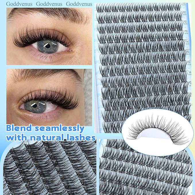 Goddvenus Wispy Lash Clusters Natural Lashes Clusters Wispy Eyelash Clusters CD Curl Cluster Eyelash Extensions DIY Individual Lashes Invisible Band Lash Extension Fluffy Eyelashes Clusters