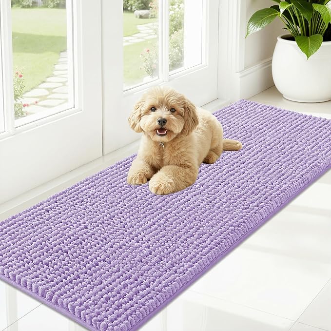 OLANLY Dog Door Mat for Muddy Paws 59x20, Ultra Absorbent Chenille Mud Doormat, Non-Slip Washable and Dirt Trapping Doormat for Indoor Entryway, Quick-Dry Indoor Pet Bed Mats for Dogs, Lavender