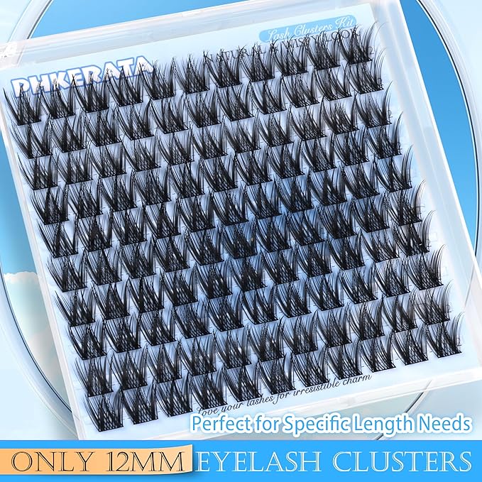 PHKERATA 12mm Wispy Lash Clusters Natural Cluster Eyelash Extensions DIY Individual Lashes C Curvature Eyelash Clusters for Daily Wear with Soft Lash Band