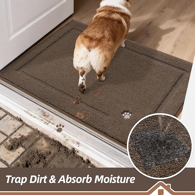 BEQHAUSE Dog Door Mat for Mud Paws Dirt Trapper Doormat Non-Slip Entryway Rugs Absorbent Welcome Mat Washable Indoor Floor Mat Low-Profile for Front Door, 20" x 32", Brown