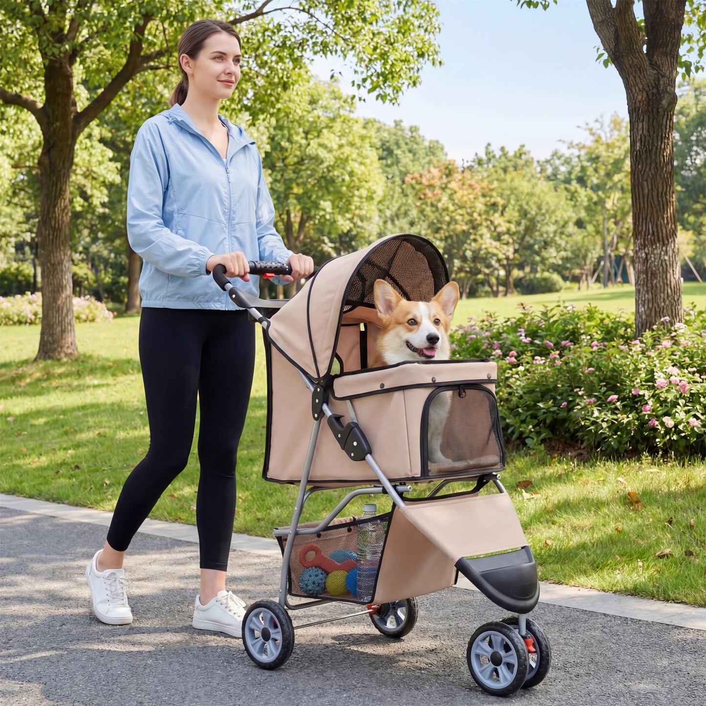 Giantex 3 Wheel Foldable Dog Stroller for Small Dogs Cats, Lightweight Pet Stroller with Lockable Wheels, One-Hand Quick Fold, Mesh Windows, Safety Leash & Storage Basket, Pet Travel Stroller (Beige)
