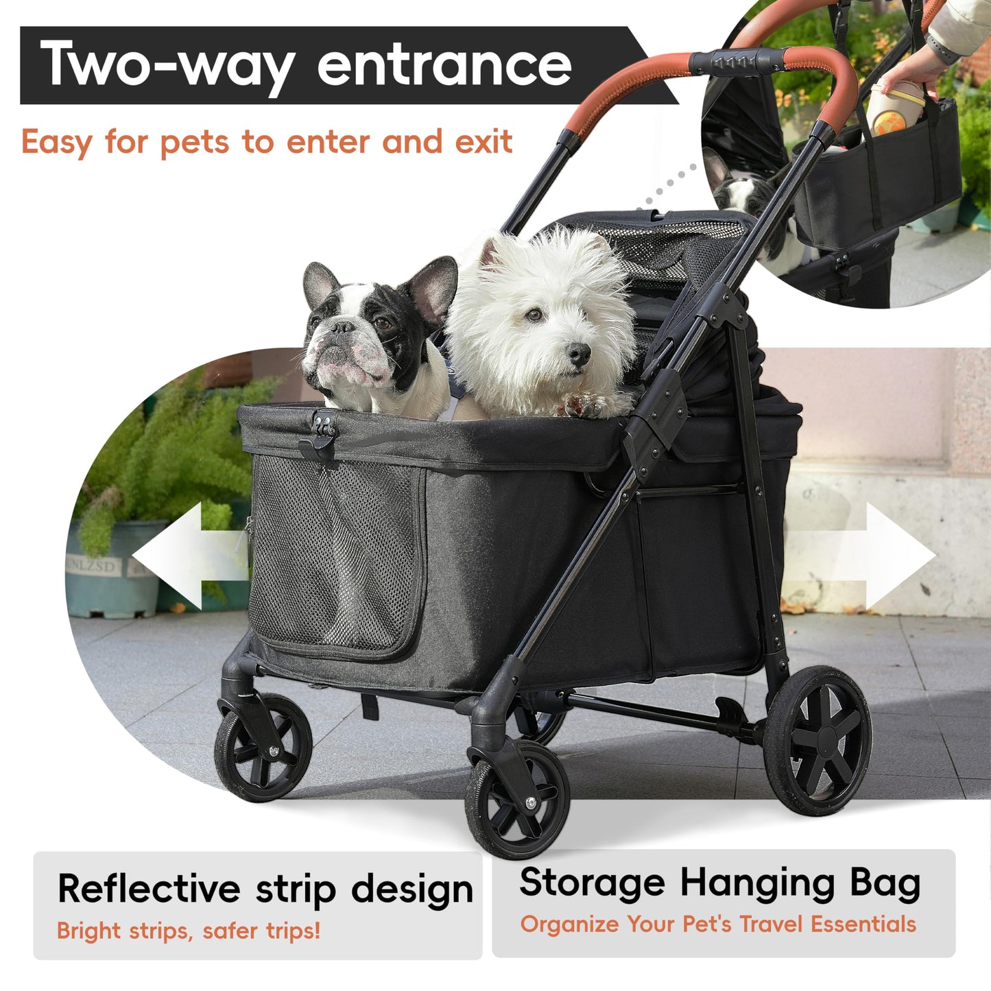 JOYCOW Dog Stroller for 2 Small Dogs or 1 Medium Pet, Low-Entry Design with Anti-Jump-Out, 600D Oxford Fabric, Up to 70 lbs,Black