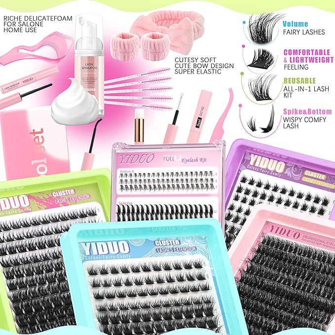 YIDUO 6 Styles Lash Clusters Kit Bulk Packs Eyelash Extensions Volume/Manga/ultra/Dramatic with pikes Bottom Lashes Clusters Kit 5-20mm Wispy Individual Fake Eyelashes Kit DIY at Home Easily