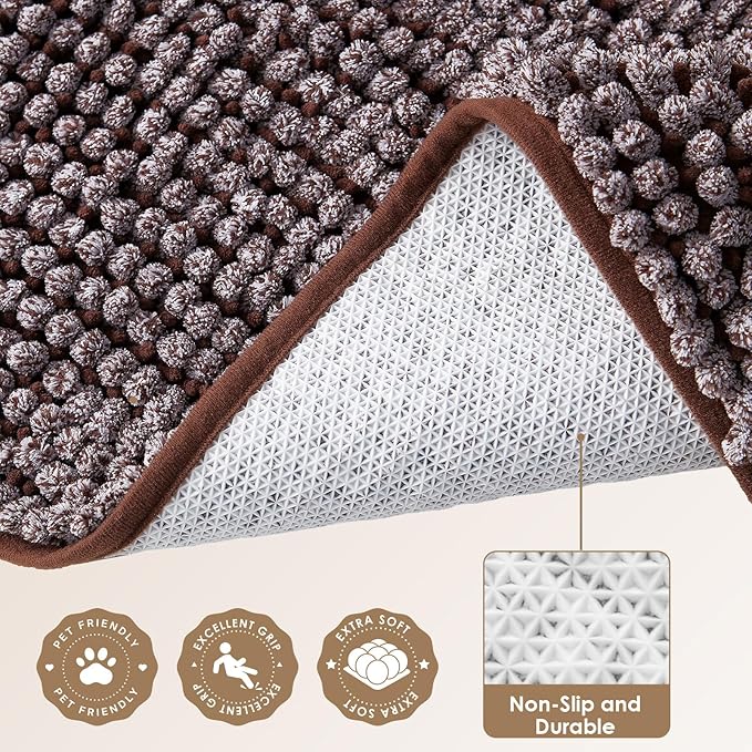 EHEYCIGA Super Absorbent Dog Door Mat for Muddy Paws 30x20 Inch Indoor, Front Doormat Outside Entrance, Quick Dry Chenille Washable Dog Crate Bed, Non-Slip Pet Rug Mud Mat Outdoor Entryway, Brown