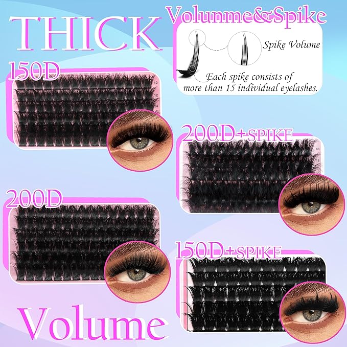YIDUO 150D+200D Lash Clusters Kit with Glue and Removers, 575Pcs Volume Thick+Spiky Lashes Extension, 12-21mm Thick Extension Eyelashes DIY Individual False Eyelash Kit DIY at Home Easily