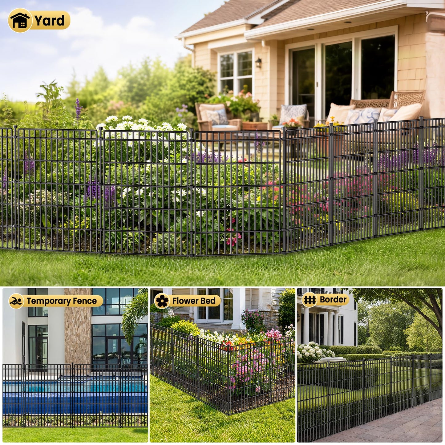 10 Panels No Dig Garden Fence with Gate, 44in(H) × 23.6ft(L) Decorative Metal Outdoor Dog Fence, Rustproof Pet Fencing for Yard, Patio, Flower Bed -Temporary Fencing| Easy to Install