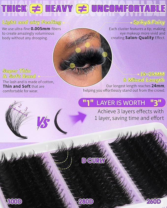 Fluffy Lash Clusters 260D+280D+300D Volume Eyelash Clusters Extensions D Curly Lashes Clusters 14-24MM Mink Cluster Lashes Spike Individual Lashes Full Lash Extension Mink Cluster Eyelash