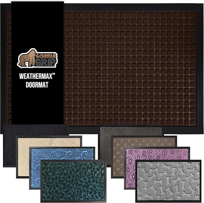 GORILLA GRIP 100% Waterproof All-Season WeatherMAX Doormat, 34x58, US Designed Natural Rubber, Stain and Fade Resistant, Low Profile Indoor Outdoor Door Mats, Easy Clean Patio Mat, Coffee Squares