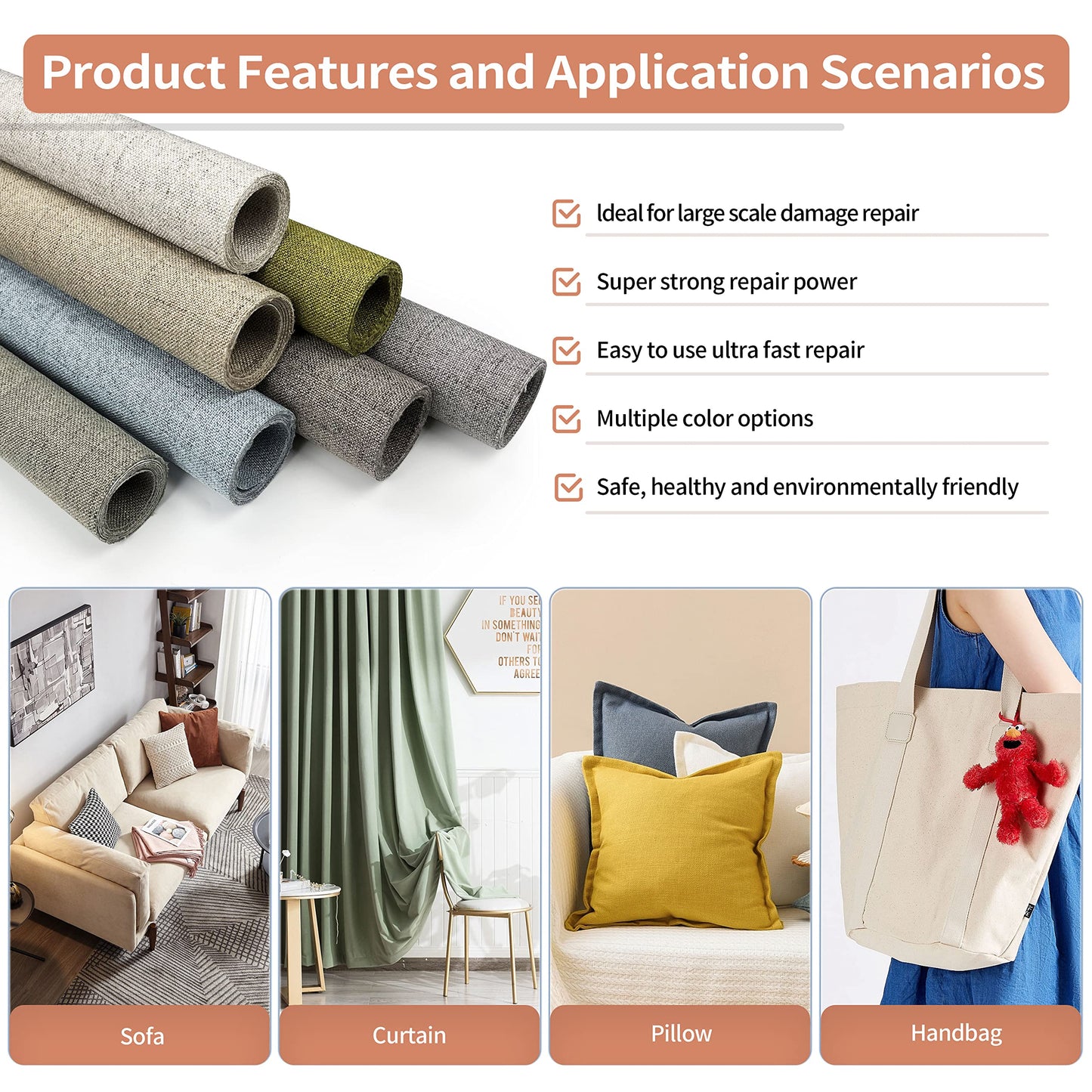 KING MOUNTAIN Fine Linen Repair Patches, Self-Adhesive Linen Fabric Patches, 12X40 inch Extra Size, Multi Color, Can be Used for Linen Sofa Repair(12" x 40",Cream-Gray)