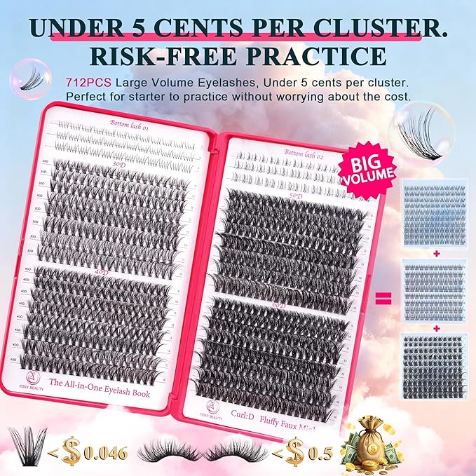 Lash Clusters 30D40D50D60D Lashes Natural Fluffy Eyelash Extensions D Curl With Bottom Eyelashes for Starter DIY at Home
