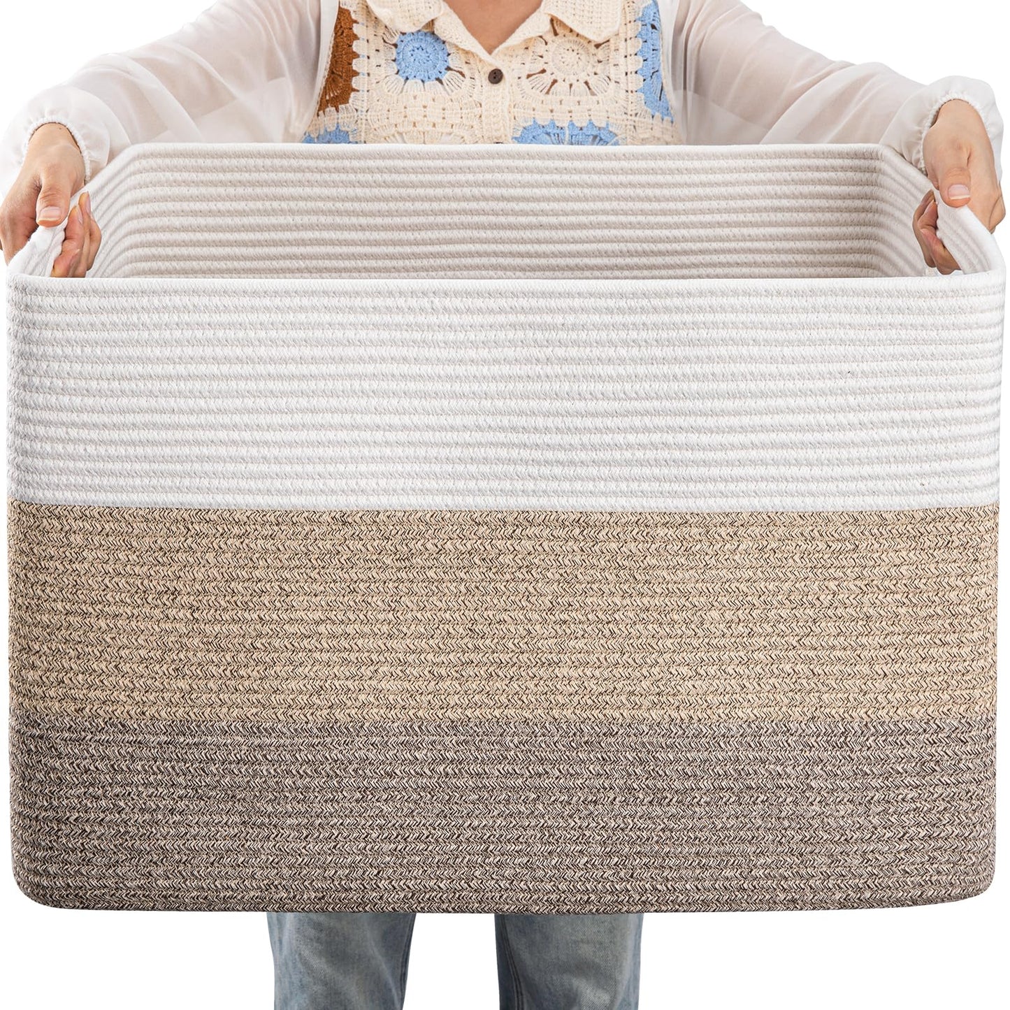 OIAHOMY 108L Large Cotton Rope Basket, Rectangle Woven Baskets for Storage, Nursery Blanket Storage Living Room, Toy Basket With Handle-25”x16”x16”-Gradient Yellow