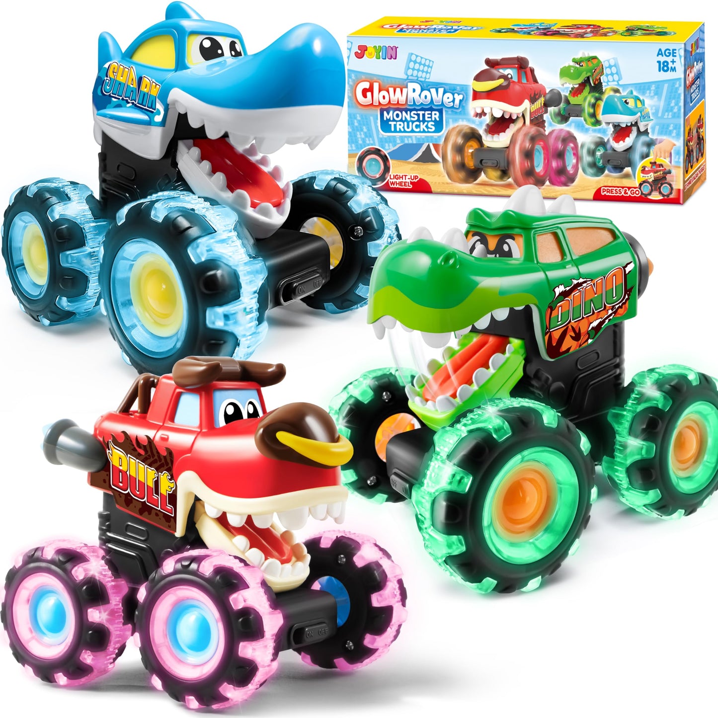 JOYIN 3 Pack Monster Truck Toy - Motion Activated Light-Up Cars for Toddlers - Monster Treads Lightning Wheels - Baby Toy Present - Press & Go Cars for Boys Girls Birthday Gifts