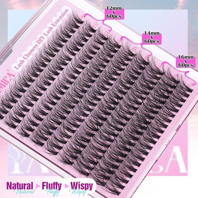 Yawamica Eyelash Clusters Natural Lash Extension 12-16mm Wispy Lash Clusters C Curly Individual Lashes Fluttery Cluster Eyelash Extensions False Eyelashes Clusters DIY Lash for Beginners